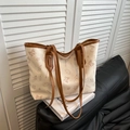 Borsa tote beige con stampe cartoon marroni e manici in pelle stile casual - Marrone Senza Ciondolo