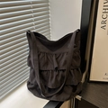 Black canvas tote bag with ruffled pleat design and large capacity shoulder straps - Black