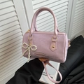 Lavender faux snake skin leather boston handbag with pearl bow charm and top handle - Purple