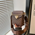 Brown mini crossbody bag with M-print pattern, heart buckle and stylish wide shoulder strap - Brown