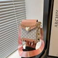 Pink and white monogram crossbody bag with heart lock and adjustable wide strap - Pink