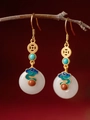 Vintage gold drop earrings with white jade Ping An buckle and green enamel clouds - Auspicious Cloud Jade Earrings