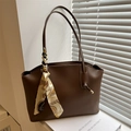 Minimalist large capacity dark brown leather tote bag with elegant decorative silk scarf - Dark Brown