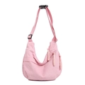 Minimalist pink corduroy crescent crossbody bag with adjustable strap on white background - Pink