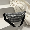 Classic black and white checkered crossbody waist bag with dual zippers and adjustable strap - Black