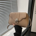 Minimalist apricot flap shoulder bag with silver semi-circle buckle and thin strap - Khaki