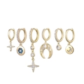 Macro detail of 18K gold star and moon earrings set featuring sparkling zircon stones - Star Moon Evil Eye Rhinestone Pendant Set (S-E1628)