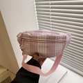 Pink and white checkered corduroy waist bag for women held against a minimal background - Pink