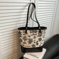 Borsa tote in tela vintage con paesaggio bianco e nero e manici in pelle nera - Nero