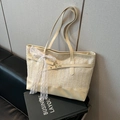 Sac fourre-tout en paille tissée beige avec nœud en dentelle et anses en cuir - Blanc
