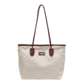 Bolso tote de nailon crema con detalles en cuero sintético marrón y asas para el hombro - Blanco & Café