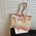 Sac fourre-tout en paille avec garniture en cuir rose et grand nœud en dentelle - Rose
