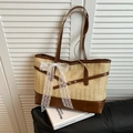 Sac fourre-tout en paille avec garniture en cuir marron et nœud en dentelle blanche - Marron