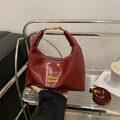 Deep red crescent leather handbag with gold logo and adjustable shoulder strap - Red (No Pendant)