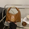 Vintage brown textured leather crescent bag with gold metal logo and shoulder strap - Brown No Pendant
