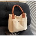 Bolso tote minimalista de lona beige con asas naranjas y bolsillo con presión - Blanco Roto