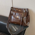 Dark brown oil wax leather tote bag with gold chain strap and front flap pocket - Brown