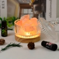 Pink Himalayan salt lamp with striped glass jar and wooden base glowing warm amber light - With Glowing Base / Orange Salt Style