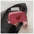 Pink lychee texture crossbody camera bag with heart pattern and wide geometric strap - Pink