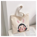 Beigefarbene Canvas-Eimertasche mit niedlichem Comic-Mädchen-Hase-Motiv für den Alltag - Hasenohren Mädchen Stil / Gebrochenes Weiß