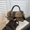Vintage grey denim crossbody bag with black leather accents and tennis racket charm - Black