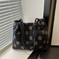 Retro navy tote bag with large brown polka dots and black woven chain shoulder strap - Khaki Polka Dot