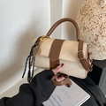 Vintage-style beige textured small square bag with brown leather trim and tennis charm - Khaki