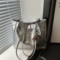 Silver metallic large tote bag with ribbon detail and chain strap for women - Single Bag / Silver