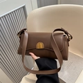 French retro brown leather baguette bag with vintage gold buckle and slim shoulder strap - Brown