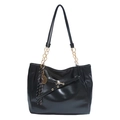 Schwarze Vintage-Tote-Bag aus Ölwachsleder mit Goldkette und Quasten-Detail - Schwarz
