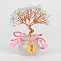 Árbol de la suerte de cuarzo transparente en base de vidrio con borla rosa y amuleto - Cristal de roca