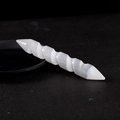 Polished spiral selenite crystal healing wand with natural white satin luster on black base - Spiral Massage Wand Double Point