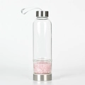 Botella de vidrio con base de acero inoxidable y compartimento para cuarzo rosa natural - Cuarzo rosa