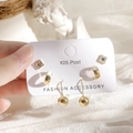 Three-pair gold earring set with white enamel C-hoops and crystal studs on S925 posts - Ball Hook Earrings 6-Piece Set - White