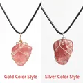 Natural strawberry crystal wire wrapped pendants in gold and silver finishes with black cord - Strawberry Quartz / Gold