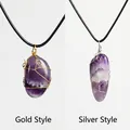 Natural raw amethyst wire wrapped pendant necklace in gold and silver finishes - Amethyst / Gold