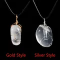 Natural raw quartz pendants in gold and silver wire wrap styles on black cord - White Crystal / Gold