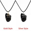 Natural black crystal stone pendant necklaces with gold and silver wire wrap styles - Obsidian / Gold