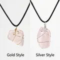 Handmade wire wrapped natural pink crystal pendant necklace in gold and silver finish - Rose Quartz