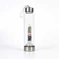 Portable glass water bottle with colorful mixed crystal stones and stainless steel finish - Rainbow Crystal