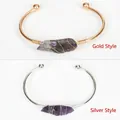 Handmade amethyst crystal open bangle in gold and silver finishes with wire wrap - Purple (Amethyst) - Gold