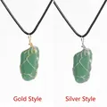 Natural green crystal stone pendants with gold and silver wire wrap on black cords - Green Aventurine