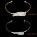Handmade gold and silver open bangles with raw clear crystal stone wrap detail - White (Clear Quartz) - Gold