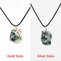 Handmade wire-wrapped natural crystal stone pendant necklaces in gold and silver finish - Moss Agate