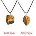 Tiger eye raw stone wire wrapped necklaces in gold and silver finish options - Yellow Tiger Eye