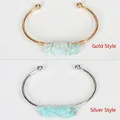 Handmade gold and silver open cuff bracelets featuring raw light blue gemstone wire wrapping - Blue (Amazonite) - Gold