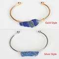 Handmade gold and silver open bracelets featuring wire-wrapped blue raw gemstones - Dark Blue (Lapis Lazuli) - Gold