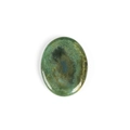 Polished oval green aventurine worry stone with natural moss textures on white background - Moss Agate