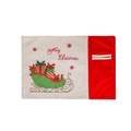 Christmas place mat with beige linen and red velvet featuring green sleigh and red gifts - Red Gift Car Style