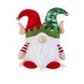 Kerstkabouter knuffel met rood vilt en groene lovertjes muts met gouden bellen - Rode Elfenmuts Stijl (met licht)
